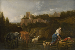 Lot 6021, Auction  123, Roos, Johann Heinrich, Pastorale Landschaft mit römischen Ruinen und einer Hirtin mit ihrem Hund und einer Schafsherde