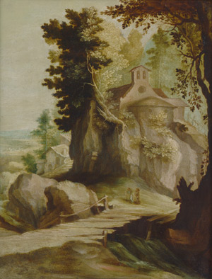 Lot 6013, Auction  109, Bril, Paul - Umkreis, Waldlandschaft mit einer Kapelle und zwei Wanderern bei einem Holzsteg