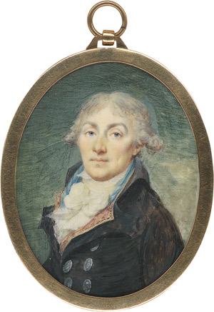 Lot 6885, Auction  112, Villers, Bildnis eines jungen Mannes in pflaumenfarbiger Jacke mit altrosa Weste, hellblauem Schal und geknoteter weißer Gaze-Halsbinde.