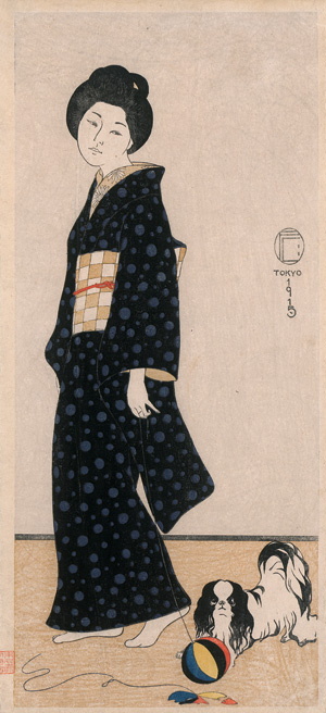 Lot 632, Auction  121, Capelari, Friedrich, Die Frau mit dem Pekinesen. Nishiki-e Farbholzschnitt eines Shin-hanga