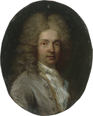 Los 6455 - Französisch - um 1710. Miniatur Portrait eines Mannes mit Allongeperücke, in hellgrauer Jacke - 0 - thumb