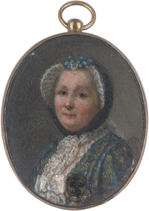 Los 6461 - Britisch - um 1760. Miniatur Portrait einer Frau mit braunem Mops und weißer Spitzenhaube - 0 - thumb