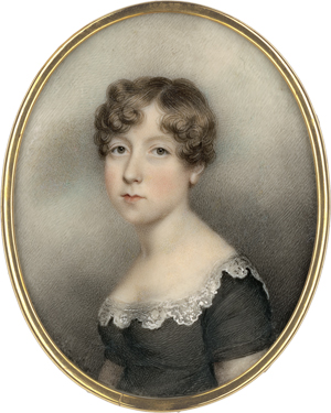 Lot 6492, Auction  122, Plimer, Andrew, Miniatur Portrait eines Mädchens genannt Caroline Sanford in dunkelgrauem Kleid mit weißem Spitzenbesatz