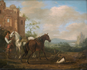 Lot 6015, Auction  123, Niederländisch, 17. Jh. Reiter mit zwei Pferden und seinem Hund bei einer Ruine