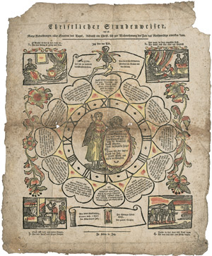 Lot 2282, Auction  101, Christlicher Stundenweiser, Kolorierter Einblattholzschnitt mit typographischem Text. 