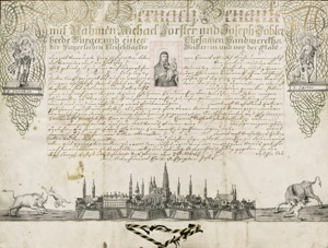 Lot 2694, Auction  101, Gesellenbrief, der Fleischhacker-Zunft Wien 1761