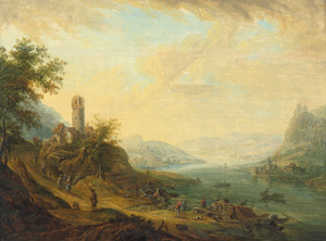 Lot 6073, Auction  101, Schütz, Christian Georg, Rheinlandschaft mit Wanderern und Fischern