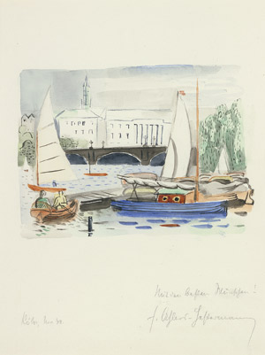 Lot 7003, Auction  101, Ahlers-Hestermann, Friedrich, Boote am Steg (Blick auf die Lombardsbrücke)