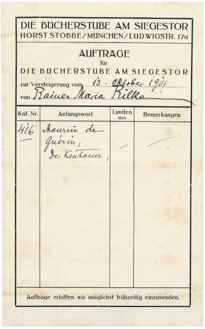 Lot 2375, Auction  102, Rilke, Rainer Maria, Eigenhänd. Auktions-Auftrag 1917
