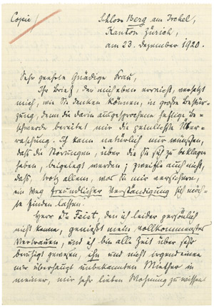 Lot 2378, Auction  102, Rilke, Rainer Maria, Eigenhänd. Kopie eines eigenen Briefes