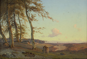 Lot 6111, Auction  102, Kraft, Frederik Carl Julius, Hügellandschaft bei Sonnenuntergang in Seeland, im Hintergrund der Dom von Roskilde