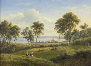 Lot 6113, Auction  102, Kiærskou, Frederik Christian Jakobsen, Sommerlandschaft  mit Ausflügler und Blick auf die Kirche Haddeby 