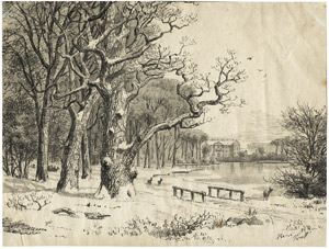 Lot 6467, Auction  102, Kraft, Frederik Carl Julius, Idyllischer Park mit Schloßanlage und Rehen im Winter