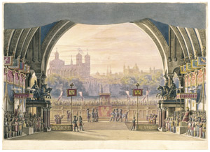 Lot 6510, Auction  102, Schinkel, Karl Friedrich - Umkreis, Blick aus einer Thronhalle auf eine mittelalterliche Stadt