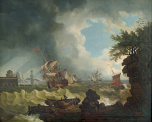 Lot 6041, Auction  103, Niederländisch, um 1800. Segelschiffe in stürmischer See vor einem Hafen
