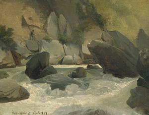 Lot 6137, Auction  103, Deutsch, 1843. Felsige Flusslandschaft mit Stromschnellen im Zillerthal