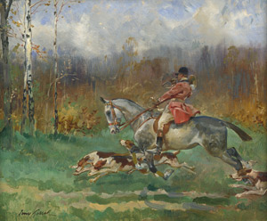 Lot 6182, Auction  103, Kossak, Jerzy, Reiter mit Hunden bei der Parforcejagd