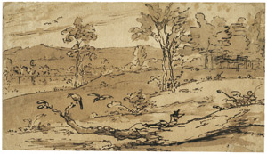 Lot 6244, Auction  103, Niederländisch, 17. Jh. Hügelige Baumlandschaft mit Vögeln