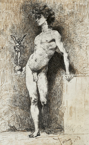 Lot 6411, Auction  103, Fortuny y Marsal, Mariano José Maria Bernardo, An ein Podest gelehnter Jünglingsakt mit einer Statue der Fortuna in der Hand