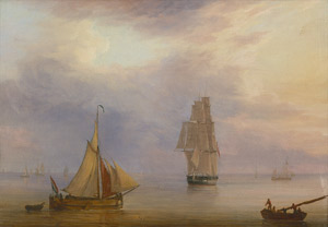 Lot 6081, Auction  104, Kloss, Friedrich Theodor, Dänischer Dreimaster auf dem Wasser im Abendrot, im Vordergrund links ein kleines holländisches Schiff 