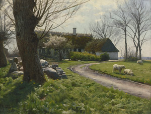 Lot 6172, Auction  104, Mønsted, Peder, Landhaus mit Schafen im Frühling in Herstedvester