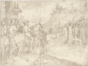 Lot 6284, Auction  104, Zuccaro, Federico - Umkreis, Historische Szene mit Edelmann und seinem Gefolge an einem Fluß