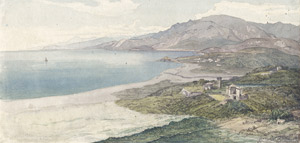 Lot 6411, Auction  104, Deutsch, 19. Jh. Italienische Küstenlandschaft mit Blick auf eine Bergkette