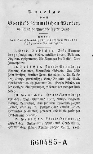 Lot 1664, Auction  105, Goethe, Johann Wolfgang von, Anzeige von Goethe's sämmtlichen Werken