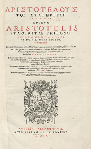 Lot 1956, Auction  105, Aristoteles, Operum nova editio. Genf, De la Rovière, 1605.