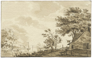 Lot 6305, Auction  105, Cats, Jacob, Niederländische Flusslandschaft mit kleinem Gasthaus