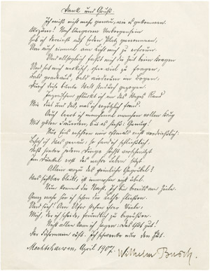 Lot 2020, Auction  106, Busch, Wilhelm, Signiertes Gedicht 1907 mit Begleitbrief
