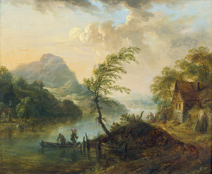 Lot 6046, Auction  106, Schütz, Christian Georg, Rheinlandschaft mit zwei Männern im Kahn