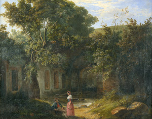 Lot 6076, Auction  106, Deutsch, 19. Jh. Junges italienisches Paar bei einer von Bäumen überwachsenen Brunnenanlage