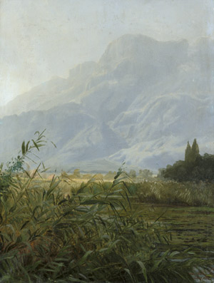 Lot 6184, Auction  106, Deutsch, um 1900. Schilfgraswiese mit Aussicht auf ein Gebirgsmassiv