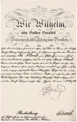 Lot 2164, Auction  107, Wilhelm I., Deutscher Kaiser, Urkunde 1881, mit Bismarcks Signatur
