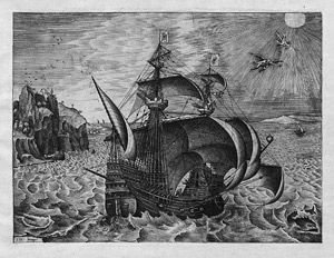 Lot 5063, Auction  107, Bruegel, Pieter d. Ä., Kriegsschiff nach rechts, im Hintergrund Dädalus und Ikarus