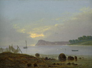 Lot 6092, Auction  107, Tengnagel, Fabritius Frederik Michael Ernst de, Küstenpartie mit Segelschiff und Fischernetzen