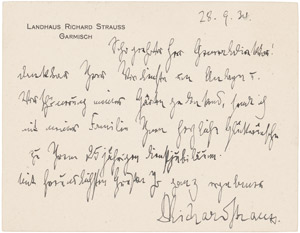 Lot 2483, Auction  108, Strauss, Richard, Briefkarte 1934