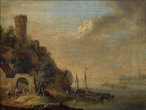 Lot 6040, Auction  108, Deutsch, 18. Jh. Flusslandschaft im Abendlicht mit Fischerbooten