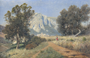 Lot 6098, Auction  108, Lutteroth, Ascan, Wandernde Frau in Tracht, südlfranzösischer Gebirgslandschaft, ein Dorf im Hintergrund