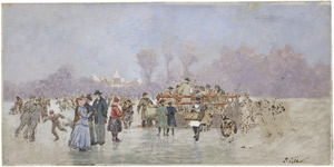 Lot 6153, Auction  108, Tübbecke, Paul Wilhelm, Eisvergnügen: Schlittschuhläufer, eine Blaskapelle und ein Bauchwarenhändler auf einem zugefrorenen See