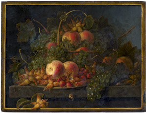 Lot 6165, Auction  108, Deutsch, 1. Hälfte 19. Jh. Früchtestilleben mit Trauben, Erdbeeren und Haselnüssen