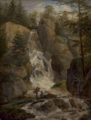 Lot 6176, Auction  108, Dresdener Schule, um 1840. Holzsammler bei einem Wasserfall