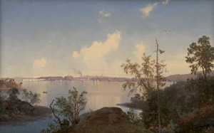 Lot 6191, Auction  108, Lund, Bernt, Blick auf den Hafen mit der Werft und der Festung "Citadellet" in Karljohansvern in Norwegen