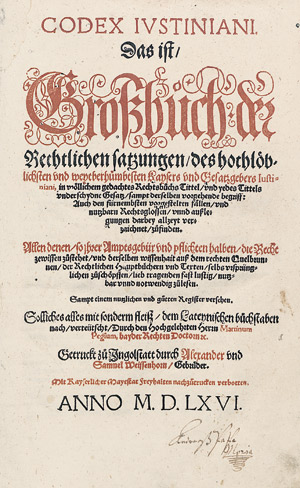 Lot 1094, Auction  109, Justinianus, Codex Iustiniani. Das ist, Großbuch der Rechtlichen satzungen