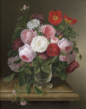 Lot 6072, Auction  109, Völcker, Gottfried Wilhelm, Rosenbouquet in einer Glasvase auf einem Marmortisch