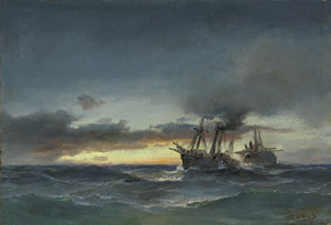 Lot 6177, Auction  109, Melbye, Anton, Zwei Dampfschiffe auf stürmischer See bei Sonnenaufgang