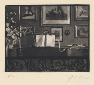 Lot 7044, Auction  109, Blom, Gustav Vilhelm, Interieur mit Klavier und Blumen vor Bilderwand