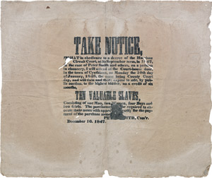 Lot 61, Auction  110, Take Notice, Kleinplakat als Wandanschlag zur Anzeige einer Sklaven Auktion in Kentucky
