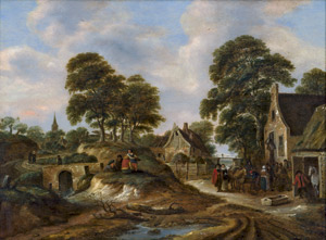 Lot 6026, Auction  110, Molenaer, Claes, Landschaft mit einem Dorf und bäuerlicher Staffage vor einer Herberge